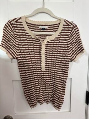 American Eagle Outfitters Brown Cream Striped Short Sleeve Pointelle Top size M